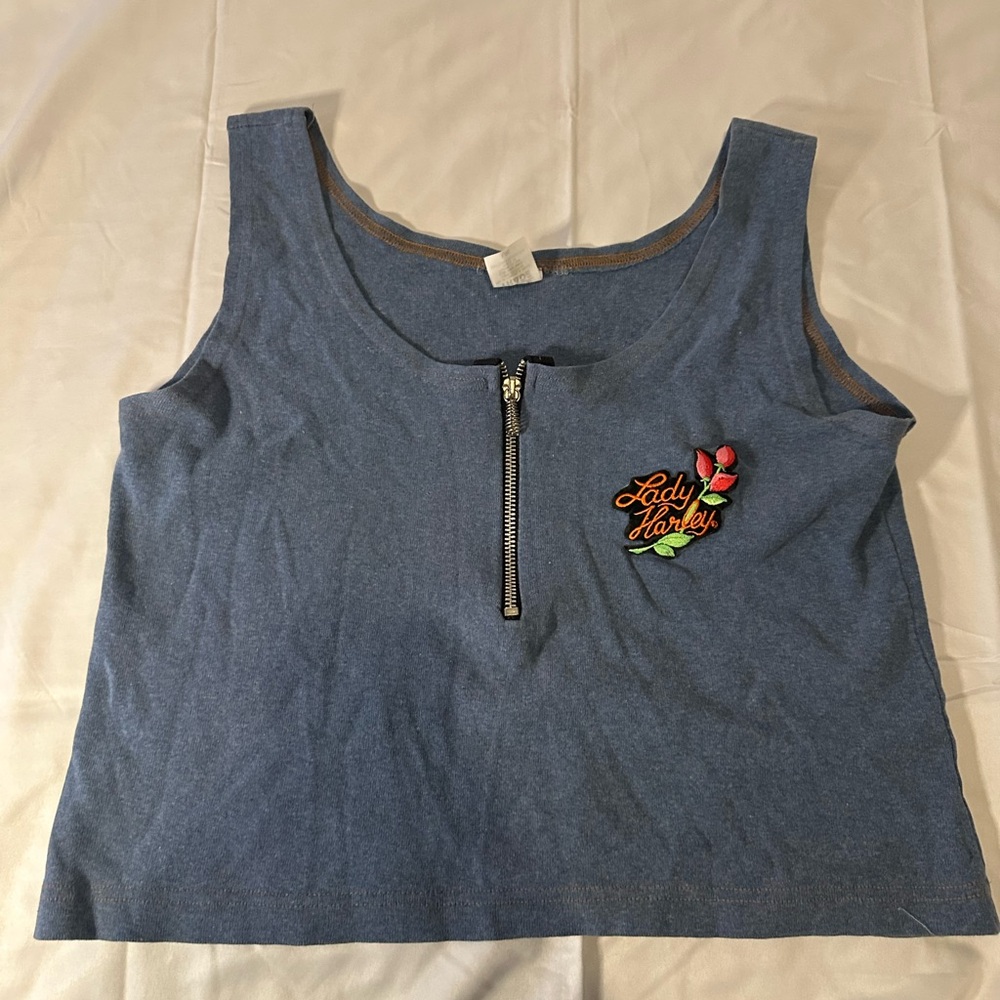 Blue Zip Tank Top - Lady Harley Decal - Size L Women’s